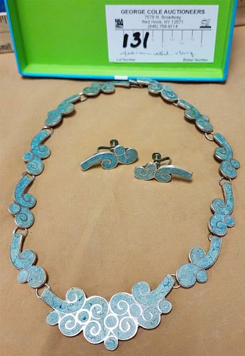 MEXICAN STERL AND TURQ NECKLACE & PR EARRINGS 1.22 OZT