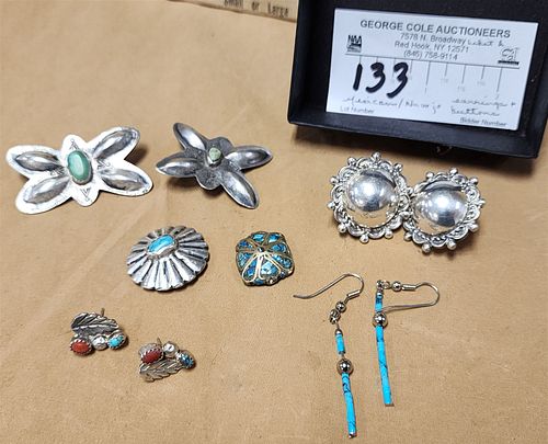 LOT 3 PR MEXICAN NAVAJO SILVER EARRINGS & 4 SILVER & TURQ BUTTONS