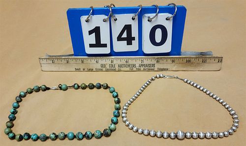 LOT STERLING BEAD NECKLACE 17" & TURQUOIS BEAD NECKLACE 16"