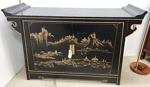CHINESE BLACK LACQUER 2 DOOR CABINET 36 1/2"H X 56"W X 19"D W/ 4 INTERIOR DRAWERS