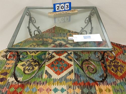 ACANTHUS WROUGHT COFFEE TABLE W/ GLASS TOP MADE BY ARROWSMITH FORGE FOR PIERRE DEUX 17 1/12"H X 30" SQ