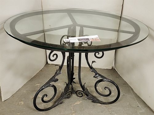 ACANTHUS WROUGHT TABLE W/ GLASS TOP MADE BY ARROWSMITH FORGE FOR PIERRE DEUX 28"H X 36" DIAM