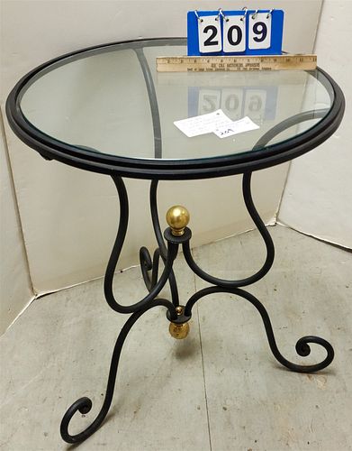 TULIP TABLE WROUGHT W/ BRONZE FINIALS MADE BY ARROWSMITH FORGE FOR PIERRE DEUX 27 1/2"H X 24" DIAM