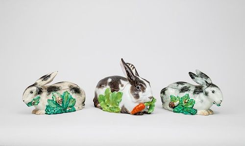 Three Spanish Majolica Rabbit-Form Tureens and Covers