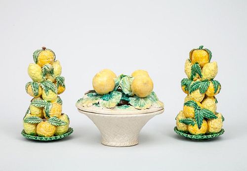 Pair of Portuguese Majolica Stacked Lemons and an Italian Majolica Basket with Lemon Cover