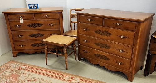 PR. HITCHCOCK MAPLE 5 DRAWER CHESTS 35 1/2"H X 42 1/4"W X 20"D, CHAIR 34 1/2"h x 16"w AND BENCH 18 1/2"H X 20"W X 14 1/2"D