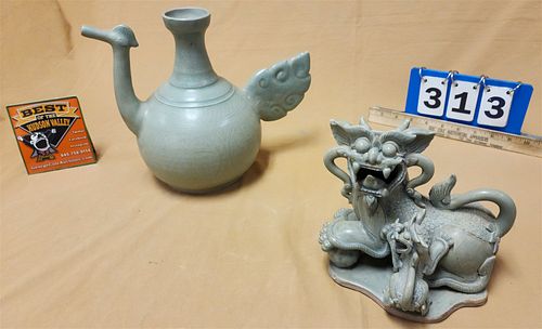 TRAY CELEDON GLAZED POTTERY- PITCHER(HANDLE REPAIRED) 9 1/2"H X 11 1/2"W, FOO DOGS 7 1/4"H X 7 1/2"W