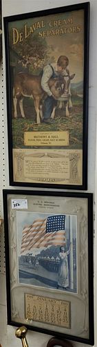 2 FRAMED ITEMS - 1915 DE LOVAL CREAM SEPERATORS AD AND 1919 ADVERT CALENDER BOTH FROM VERMONT 23 1/2" X 11 1/2" AND 22" X 13 1/2"