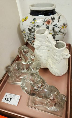 TRAY CHINESE VASE 10 1/2"H X 9"W X 4 1/2"D, VASE 8"H X 7"W X 4"D, PR GLASS HORSE BOOKENDS 7 1/2"H X 6"W X 3 1/4"D