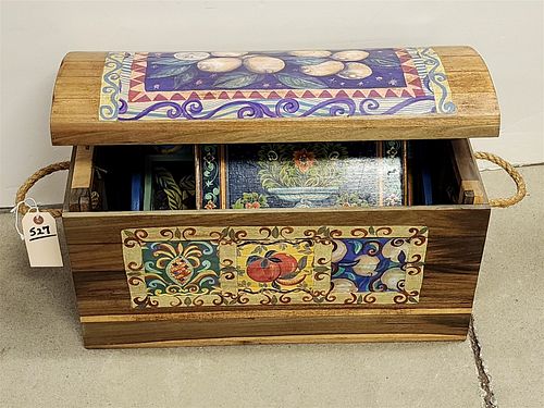 PTD DOME TOP TRUNK 13 3/4"H X 22 1/2"W X 11 3/4"D W/ INDIA FOOT STOOL 5"H X 12" SQ AND 2 PTD SERVING TRAYS
