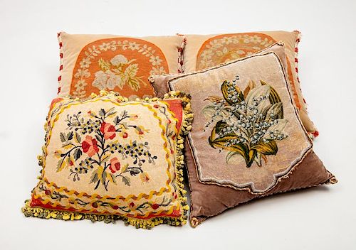 Pair of Needlework Pillows and Two Floral-Decorated Needlework Pillows