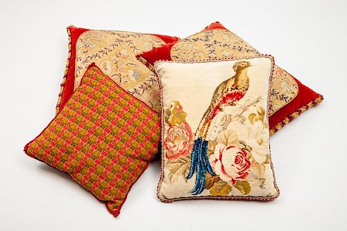 Pair of Tapestry Pillows and Two Other Needlework Pillows