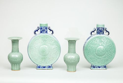 Pair of Modern Chinese Celadon-Glazed Pottery Moon Flasks and a Pair of Relief-Decorated Celadon Porcelain Vases
