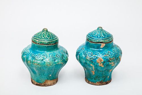 Two Similar Chinese Turquoise Glazed Pottery Jars and Covers