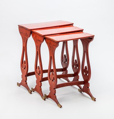 Chinese Export Red Lacquer and Parcel-Gilt Nest of Three Tables