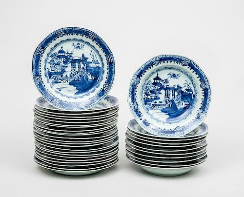 Assembled Set of Twenty-Four Chinese Blue and White Porcelain Dinner Plates and Eleven Soup Bowls