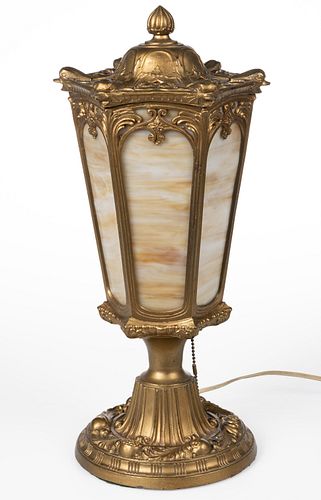 ART NOUVEAU MIXED-METAL AND SLAG GLASS ELECTRIC TABLE LAMP