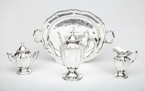 Mexican Silver Three-Piece After Dinner Coffee Service and a Matching Silver Two-Handled Tray