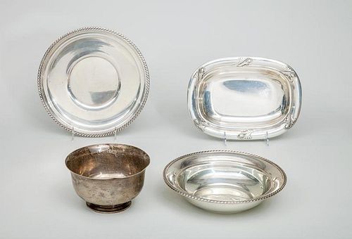 Gorham Silver Fruit Bowl, a Similar Gorham Cake Plate, a Fine Presentation Bowl, "Exemplar by Paul Revere 1768", and an Inter
