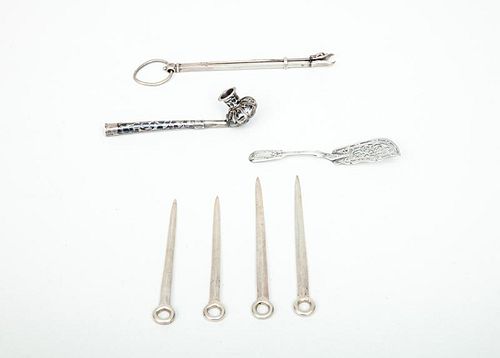 Set of Four English Silver Miniature Skewers, a Silver Miniature Fish Slice, and Eagle-Headed Tongs and a Russian Niello Pipe