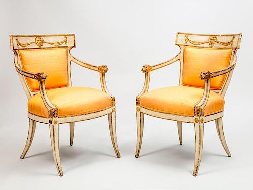 Pair of Italian Neoclassical Style Painted and Parcel-Gilt Armchairs