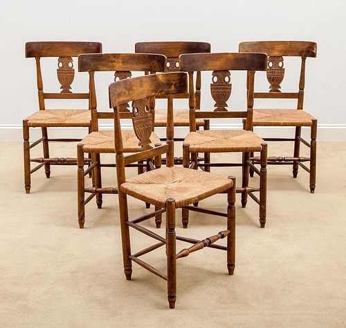 Set of Six French Provincial Fruitwood Dining Chairs with Rush Seats