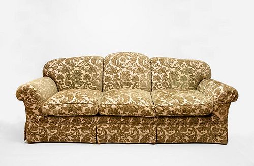 Green Damask Upholstered Three-Seat Sofa