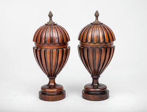 Pair of Edwardian Style Carved Mahogany Urns