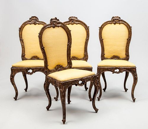 Set of Four Italian Rococo Style Painted and Parcel-Gilt Side Chairs
