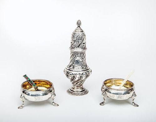 Pair of George II Silver Tripod Salts and a Victorian Silver Caster