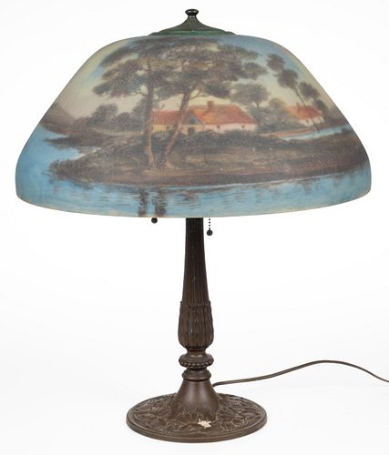 AMERICAN REVERSE-PAINTED ART GLASS ELECTRIC TABLE LAMP