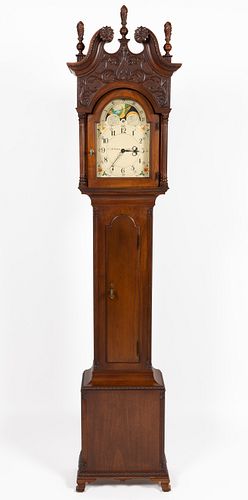 CHIPPENDALE-STYLE WALNUT BENCH-MADE GRANDMOTHER CLOCK