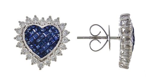18k Sapphire Diamond Heart Stud Earrings