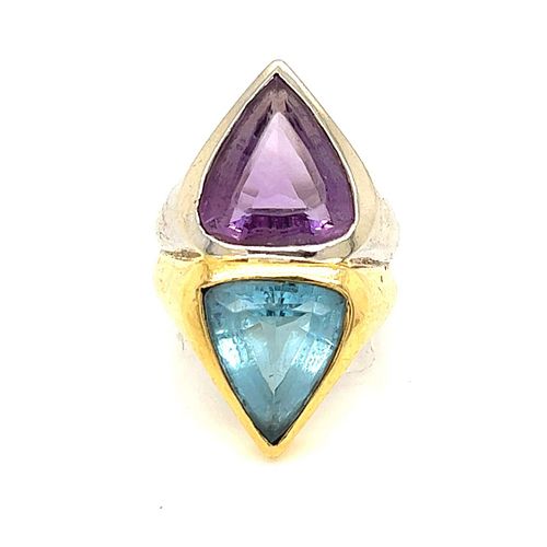 18K Yellow Gold Amethyst and Blue Topaz Ring