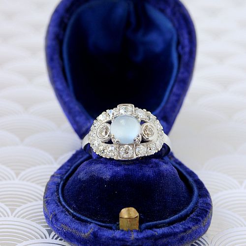 Art Deco Moonstone & Diamond Paneltop Ring, Palladium