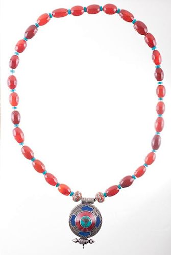 Carnelian, Turquoise, Coral and Silver Necklace