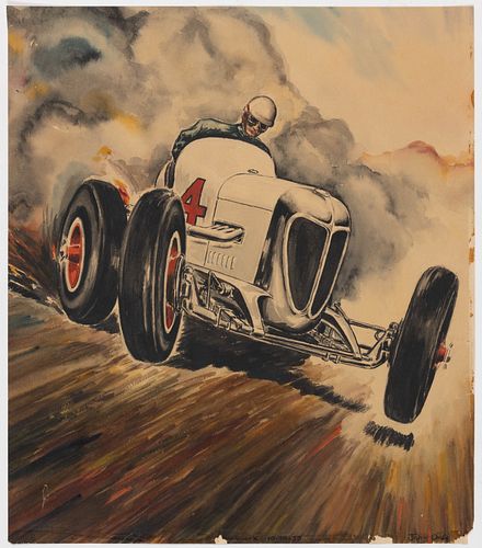 JOHN ORFE (AMERICAN, 20TH CENTURY) ORIGINAL AUTOMOTIVE RACING ILLUSTRATION