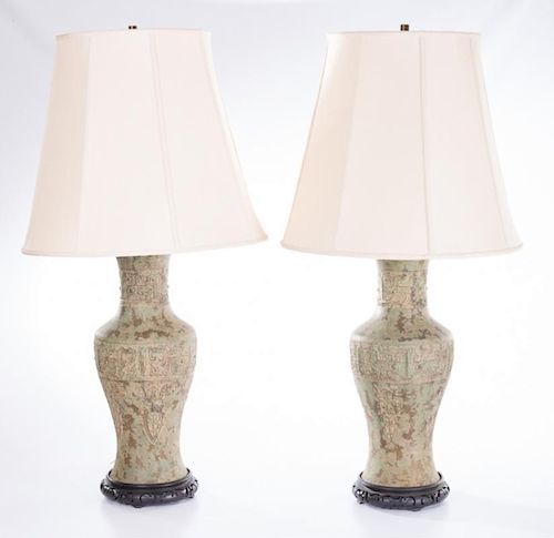 Asian Patinated Metal Vase Lamps Pair