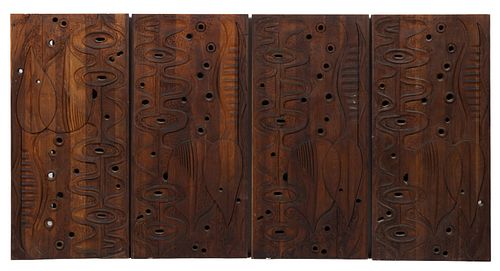 MID-CENTURY CARVED TEAKWOOD WALL PANELS, LOT OF FOUR
