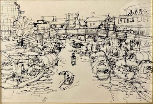 Chinese, Signed, Ink Drawing Canal