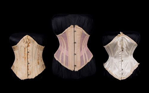 TWO RIDING CORSETS & ONE REPRODUCTION, 1900-1908 & MID 20TH C