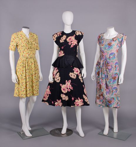 THREE PRINTED SILK DRESSES, AMERICA, 1940s