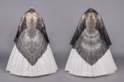 TWO CHANTILLY LACE SHAWLS, 1860s