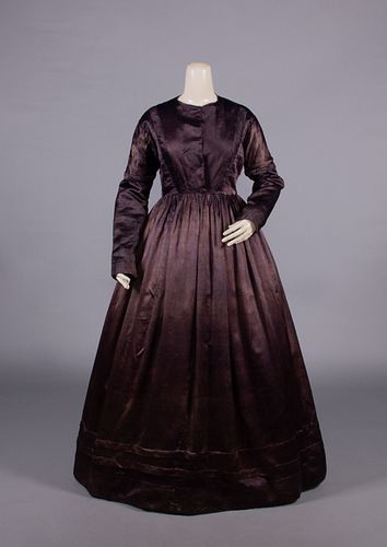 AUBERGINE SILK SATIN DAY DRESS, LATE 1840s