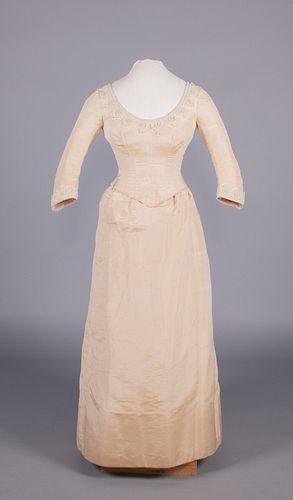 EMBROIDERED SILK MOIRE WEDDING DRESS, c. 1880