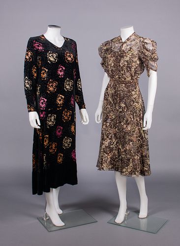 TWO FLORAL MOTIF SILK DAY DRESSES, 1930s