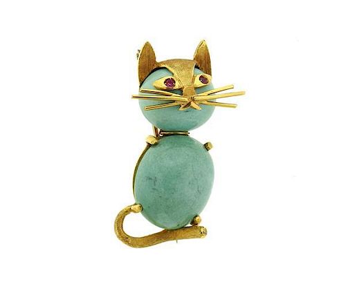 Merrin 18K Gold Turquoise Ruby Cat Pin Brooch