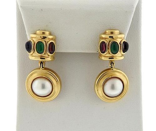 14K Gold Pearl Multi Stone Dangle Earrings