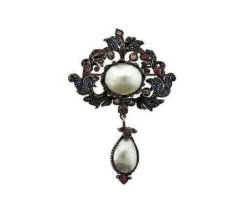 Antique Victorian Silver Pearl Sapphire Ruby Brooch Pin