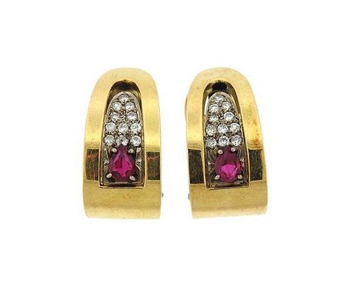 18k Gold Ruby Diamond Half Hoop Earrings